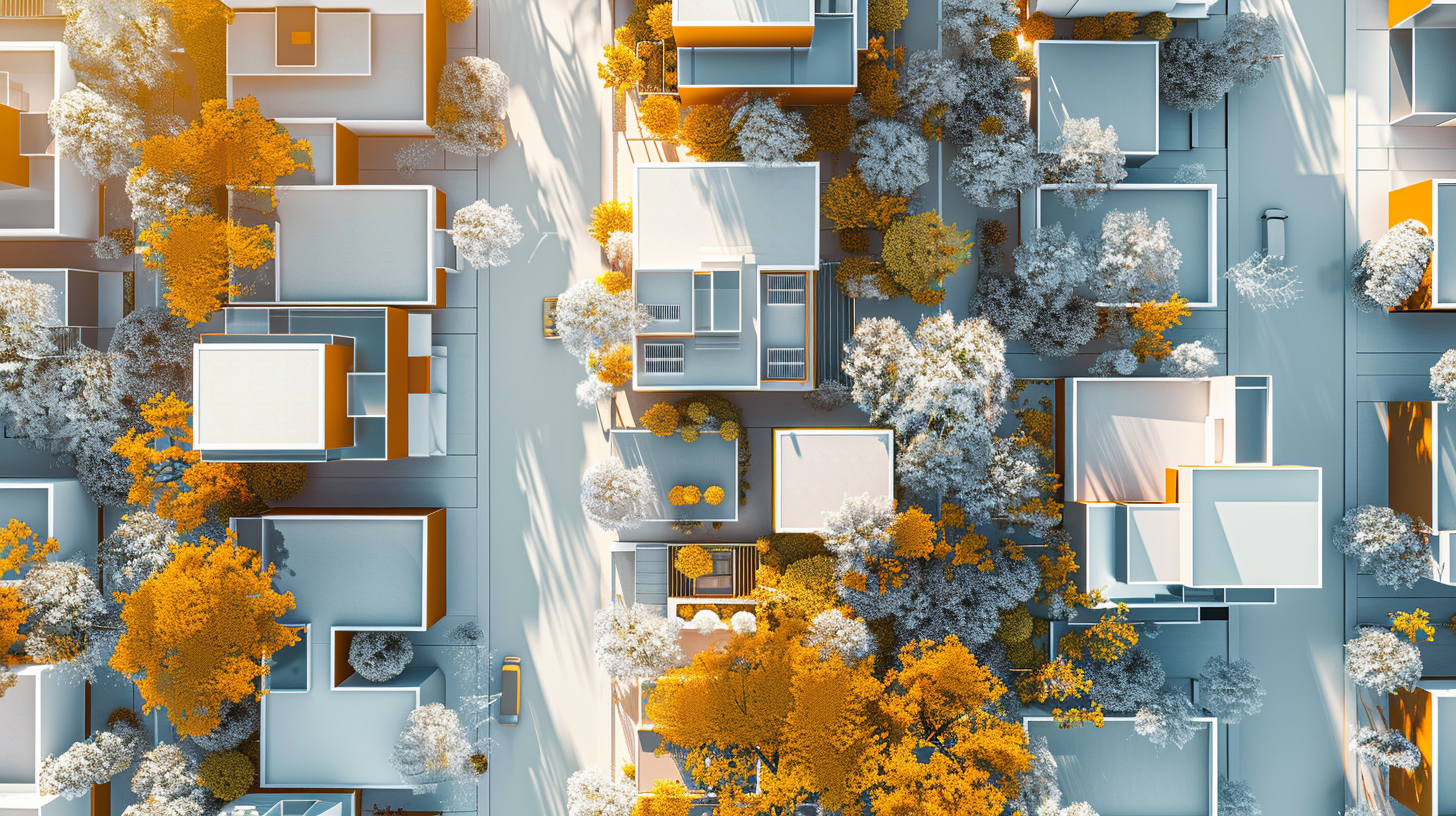 Widok z góry na nowoczesne osiedle mieszkaniowe z geometrycznymi budynkami i bogatą zielenią w jesiennych barwach.