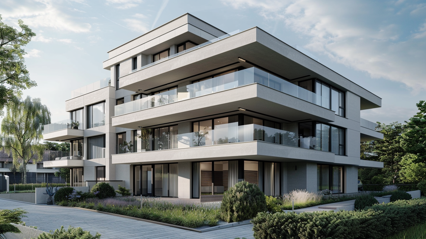 Nowoczesny budynek wielorodzinny z dużymi balkonami i przeszklonymi balustradami