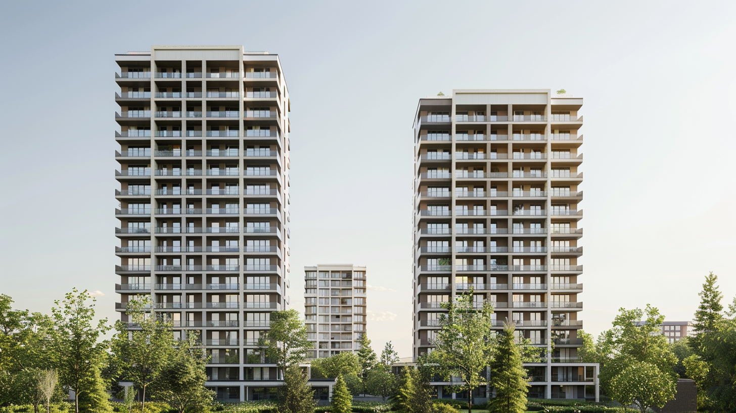 Nowoczesne budynki wielorodzinne z balkonami i zielenią wokół